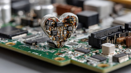 A close-up view of a heart shape made from intricate circuit components placed on an electronic board, symbolizing the fusion of technology and love.の素材