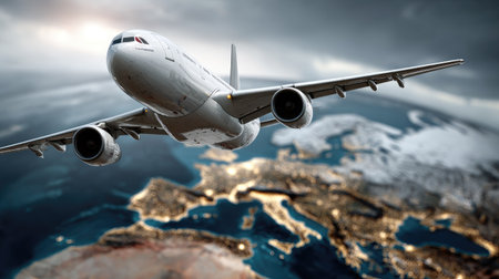 A stunning image of an airplane soaring above Europe during dusk, showcasing a breathtaking view of illuminated cities and dramatic clouds.の素材