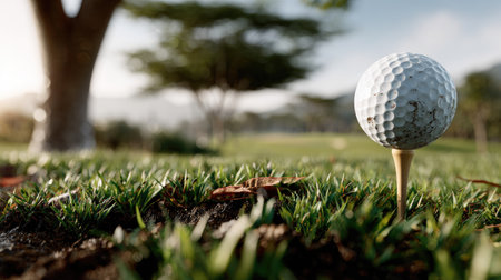 A close-up view of a golf ball resting on a tee in lush green grass, surrounded by a serene landscape under bright sunlight, ideal for sports-related themes.の素材