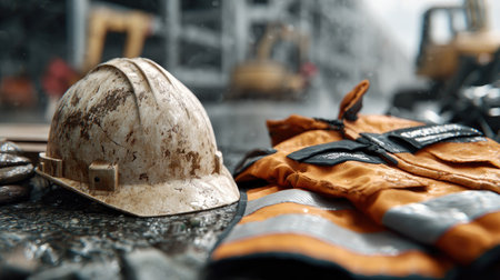 A close-up view of a weathered hard hat and an orange safety vest resting on a wet surface, set against a backdrop of heavy machinery under rainy conditions.の素材