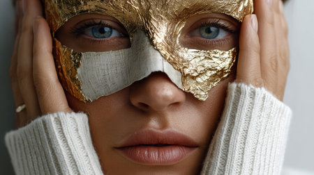 A captivating close-up of a young woman wearing a gold leaf mask, highlighting her expressive blue eyes and soft sweater, evoking beauty and serenity.の素材