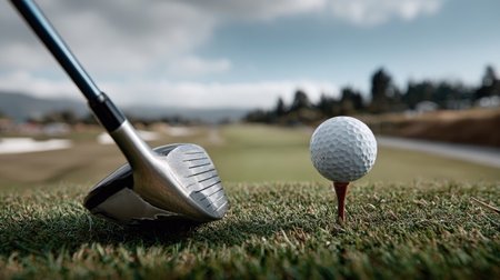 A detailed close-up view of a golf club poised for a swing next to a golf ball on a tee, showcasing the lush grass and expansive golf course in the background.の素材