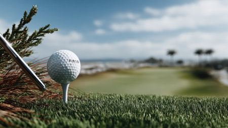 A striking close-up of a golf ball resting on a tee with a club poised nearby. The vibrant green fairway stretches out under a beautiful blue sky, capturing the essence of outdoor sportsmanship.の素材