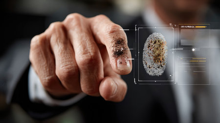 A businessman interacts with a fingerprint scanner displaying a digital analysis, emphasizing security and technological innovation in a modern office.の素材