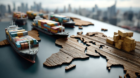 Conceptual imagery depicting a global shipping industry with miniature cargo ships and containers arranged on a wooden map, illustrating maritime logistics and trade.の素材