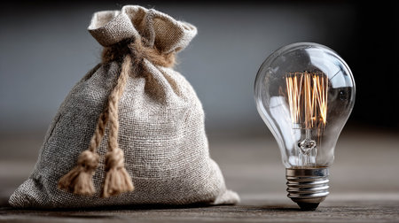 A stunning arrangement featuring a vintage light bulb beside a burlap bag on a wooden surface, creating a warm and inviting atmosphere perfect for home decor inspiration.の素材