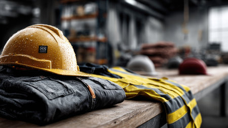 A close-up view of a wet yellow hard hat on a workbench, showcasing safety gear and clothing in an industrial workshop environment, emphasizing preparation.の素材