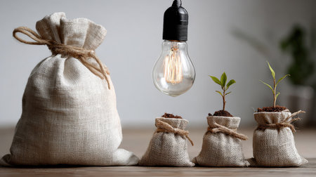 This image showcases the theme of growth and sustainability with seedlings emerging from jute bags, paired with a glowing light bulb, symbolizing innovation.の素材