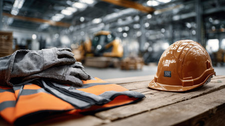 This image features essential safety gear including a hard hat, gloves, and a high-visibility vest set in a vibrant warehouse environment, showcasing workplace safety.の素材