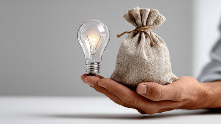 This image captures the essence of creativity and finance, showcasing a light bulb representing innovative ideas next to a money bag symbolizing financial success.の素材