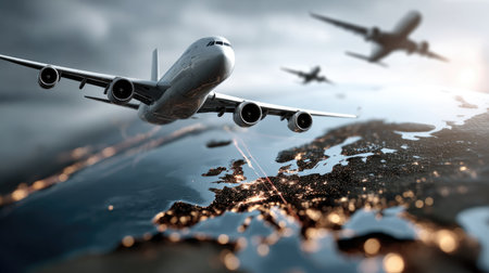 This captivating image illustrates the concept of air travel with airplanes soaring over Earth, showcasing the twinkling lights of Europe during twilight.の素材