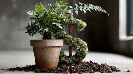 This captivating image features a green plant thriving in a rustic pot alongside a moss-covered dollar sign, symbolizing growth and financial prosperity in a serene environment.の素材