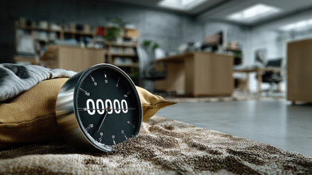 This image captures a cozy office environment featuring a modern clock displaying zero time on a soft pillow, emphasizing relaxation and productivity.の素材