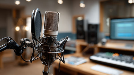 A classic microphone positioned prominently in a recording studio, showcasing audio technology with a mixing console and computer in the background, ideal for music production.の素材