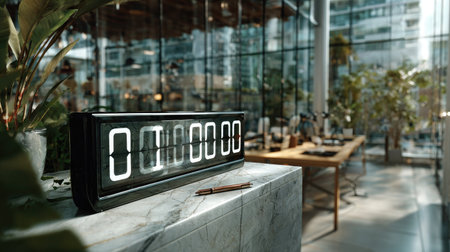 A modern digital clock sits on a marble table in a contemporary office featuring lush green plants and ample natural light, promoting a serene workspace atmosphere.の素材