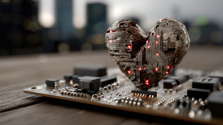 This image features a heart shaped from electronic components on a circuit board, representing the blend of technology and human emotion. It reflects innovation and artistry in the digital age.の素材
