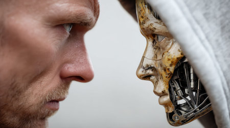 A thought-provoking image showcasing a human face staring intently at a robotic face, exploring the theme of humanity's relationship with technology and the future.の素材
