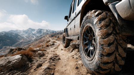 A powerful off-road vehicle navigates a rugged dirt trail, showcasing its robust tires amidst stunning mountain landscapes and a clear blue sky.の素材
