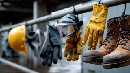A collection of essential safety gear showcased on a rail in a construction site, including helmets, gloves, goggles, and sturdy boots for workplace safety.の素材