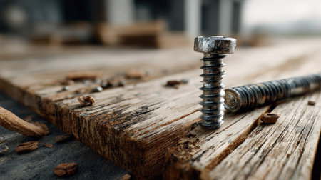 A close-up view of a metal screw resting on a rustic wooden surface, showcasing intricate thread details and texture in natural light.の素材
