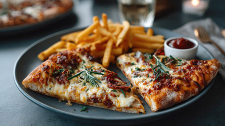 Savor the mouthwatering sight of freshly baked pizza slices paired with crispy french fries and a small cup of ketchup, perfect for any meal.の素材