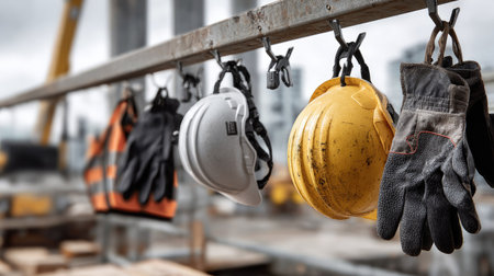 A close-up image showcasing various pieces of construction safety gear including helmets, gloves, and visibility vests hanging neatly on a rack in an industrial setting.の素材