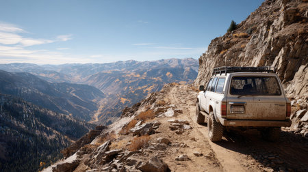A four-wheel drive vehicle navigates a narrow rocky trail in the mountains, offering a breathtaking view of the valley and stunning natural landscape.の素材