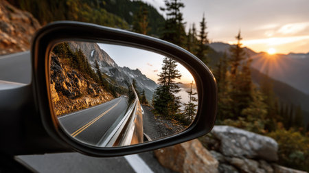 A captivating image showing a scenic drive reflected in a car side mirror, featuring majestic mountains, lush trees, and a stunning sunset. Perfect for travel enthusiasts.の素材