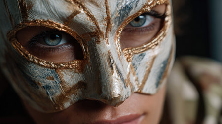 This stunning close-up captures an individual wearing an intricately designed masquerade mask, highlighting striking blue eyes and artistic details.の素材