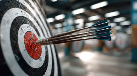 A close-up view of arrows striking the bullseye on a target board, emphasizing the skill involved in archery. The indoor setting creates an engaging atmosphere for competition.の素材