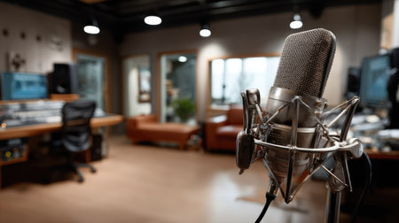 A vintage microphone stands prominently in a stylish recording studio featuring modern equipment and soft lighting, inviting creativity and collaboration.の素材
