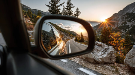A breathtaking view of a winding mountain road captured during sunset, showcasing a car's side mirror reflecting the beautiful landscape.の素材