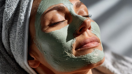 A woman is enjoying a spa treatment with a green clay face mask, promoting relaxation and beauty in a calm indoor environment. Perfect for wellness themes.の素材