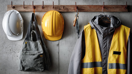 A visually appealing display of essential industrial work gear featuring safety helmets, a reflective vest, and a tool bag arranged on a concrete wall.の素材