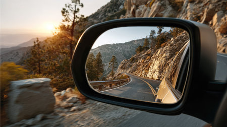 Stunning image capturing the reflection of a winding mountain road at sunset in a side mirror of a vehicle, showcasing serene natural beauty.の素材