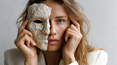 A captivating portrait of a young woman holding a stone mask in front of her face, exploring themes of identity and introspection in a minimalist setting.の素材