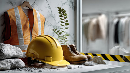 This image showcases essential construction gear including a yellow safety helmet, sturdy work boots, and tools arranged in a modern interior, emphasizing safety and functionality.の素材