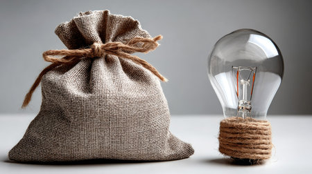 A unique arrangement showcasing a light bulb next to a burlap bag, symbolizing creativity and inspiration. This artistic composition is ideal for design and business themes.の素材