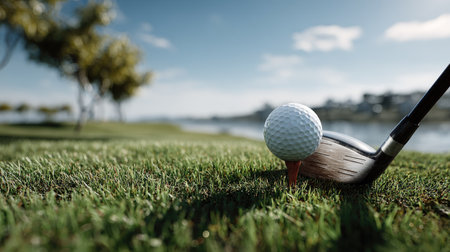 A detailed close-up shot of a golf club poised to hit a golf ball on a vibrant green lawn next to a tranquil lake under a sunny sky. Perfect for sport enthusiasts.の素材