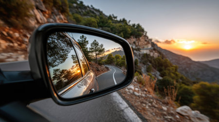 A captivating scene showing a winding road reflected in the side mirror of a car as the sun sets, offering a serene glimpse of nature's beauty.の素材