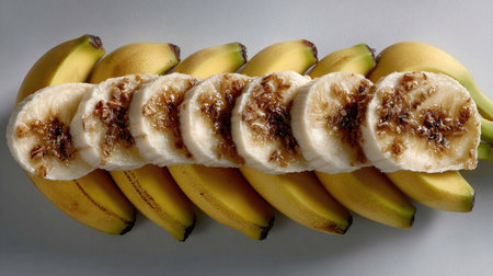 A visually captivating arrangement of fresh, ripe bananas, showcasing sliced pieces with a natural sheen. Perfect for culinary themes and healthy living.の素材