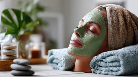 A serene woman with a green facial mask rests comfortably while enjoying a luxurious spa treatment. Soft towels surround her, enhancing relaxation.の素材