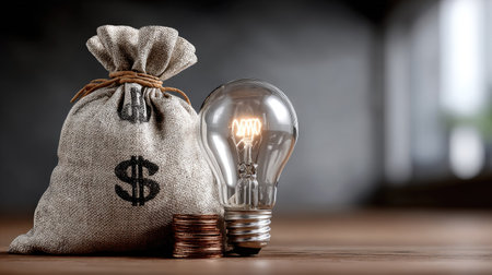 A visually compelling image featuring a money bag beside a glowing light bulb and coins on a wooden table, symbolizing innovative investment and business potential.の素材