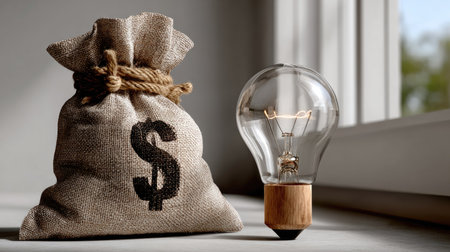 An elegant composition featuring a money bag symbolizing finance and savings next to a light bulb representing ideas and innovation, creating a thoughtful ambiance.の素材
