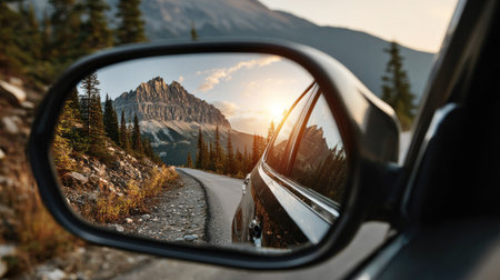 A stunning view of majestic mountains during sunset captured in a car's side mirror, showcasing the winding road surrounded by trees and serene nature.の素材