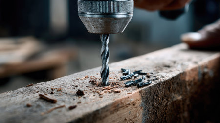 This image captures a close-up view of an electric drill working on a wooden plank, highlighting metal shavings and the craftsmanship involved in woodworking.の素材