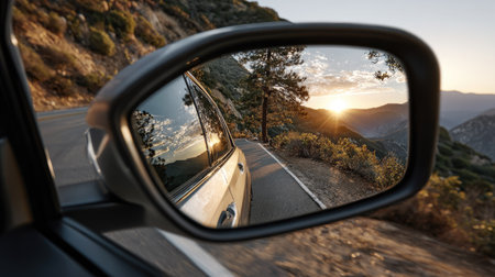 A stunning view of a mountain sunset captured in the side mirror of a vehicle, showcasing nature's beauty during a peaceful drive on a winding road.の素材