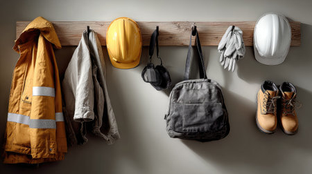 A visually striking arrangement of safety gear displayed on a wooden wall hook, showcasing essential equipment for construction and industrial workplaces.の素材