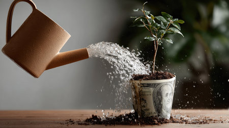 This captivating image illustrates the concept of nurturing financial growth, featuring a young plant in a money-themed pot being watered, symbolizing investment and prosperity.の素材