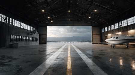 A spacious aircraft hangar interior showcasing a large open door that reveals a scenic landscape. A sleek jet rests on the clean tarmac, reflecting modern industrial design elements.の素材